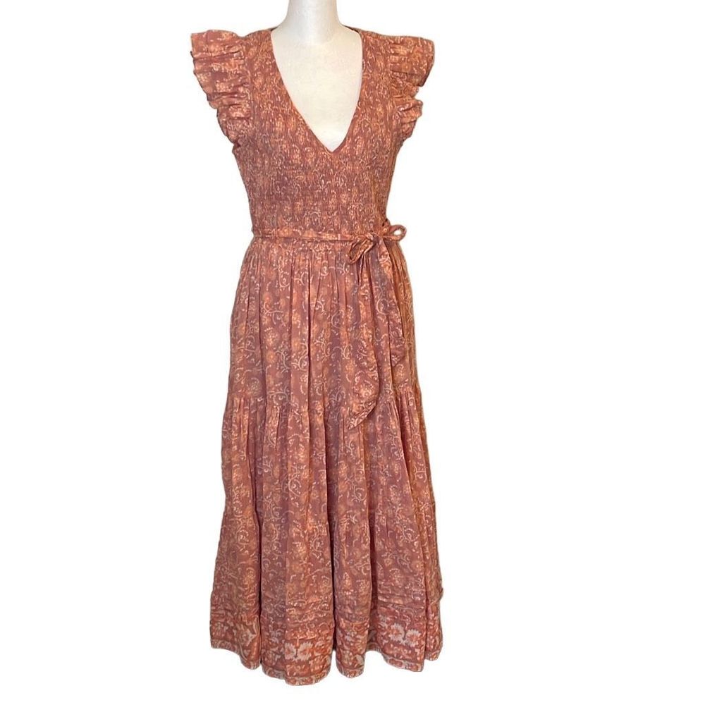 Cleobella Rita Ankle Dress Camara Floral Smocked Flutter Sleeve Medium New